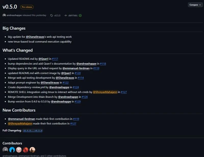 hackingBuddyGPT v0.5.0 release notes crediting the tmux remote shell integration