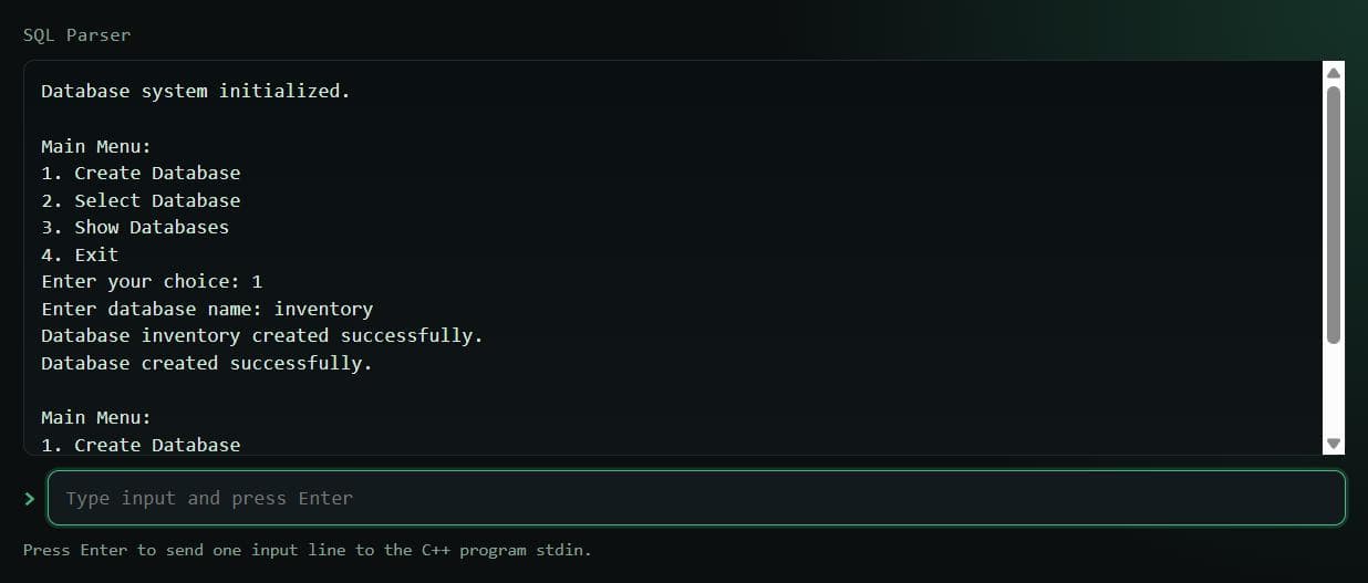 The SQL parser running in a browser terminal, creating a database