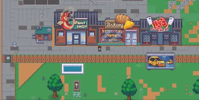 Pixel-art 2D game world of the Thapar University campus with shopfronts and a player character