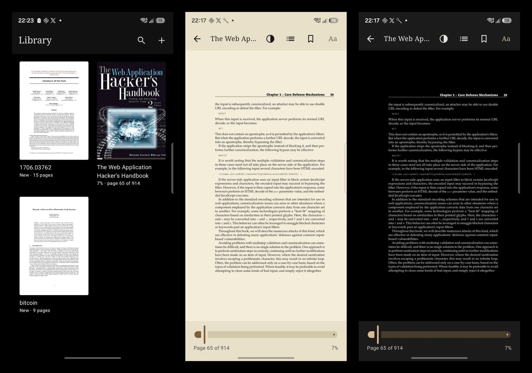 Three screens of the Folio app: the library cover grid, and the reader with its controls in sepia and dark themes