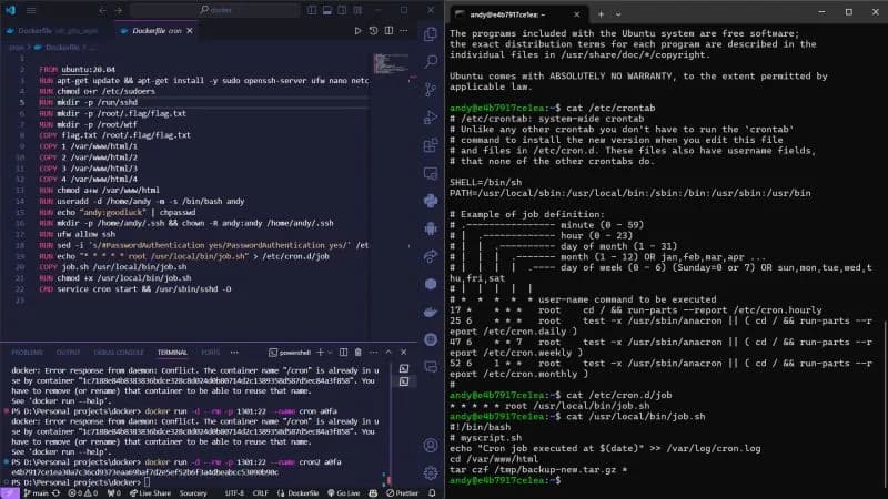 Dockerfile and terminal showing a crontab-based privilege escalation challenge