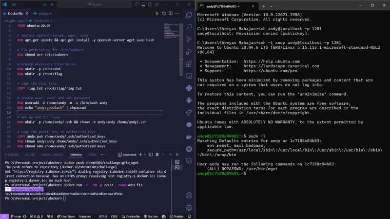 Terminal showing SSH into an Ubuntu container and checking sudo permissions
